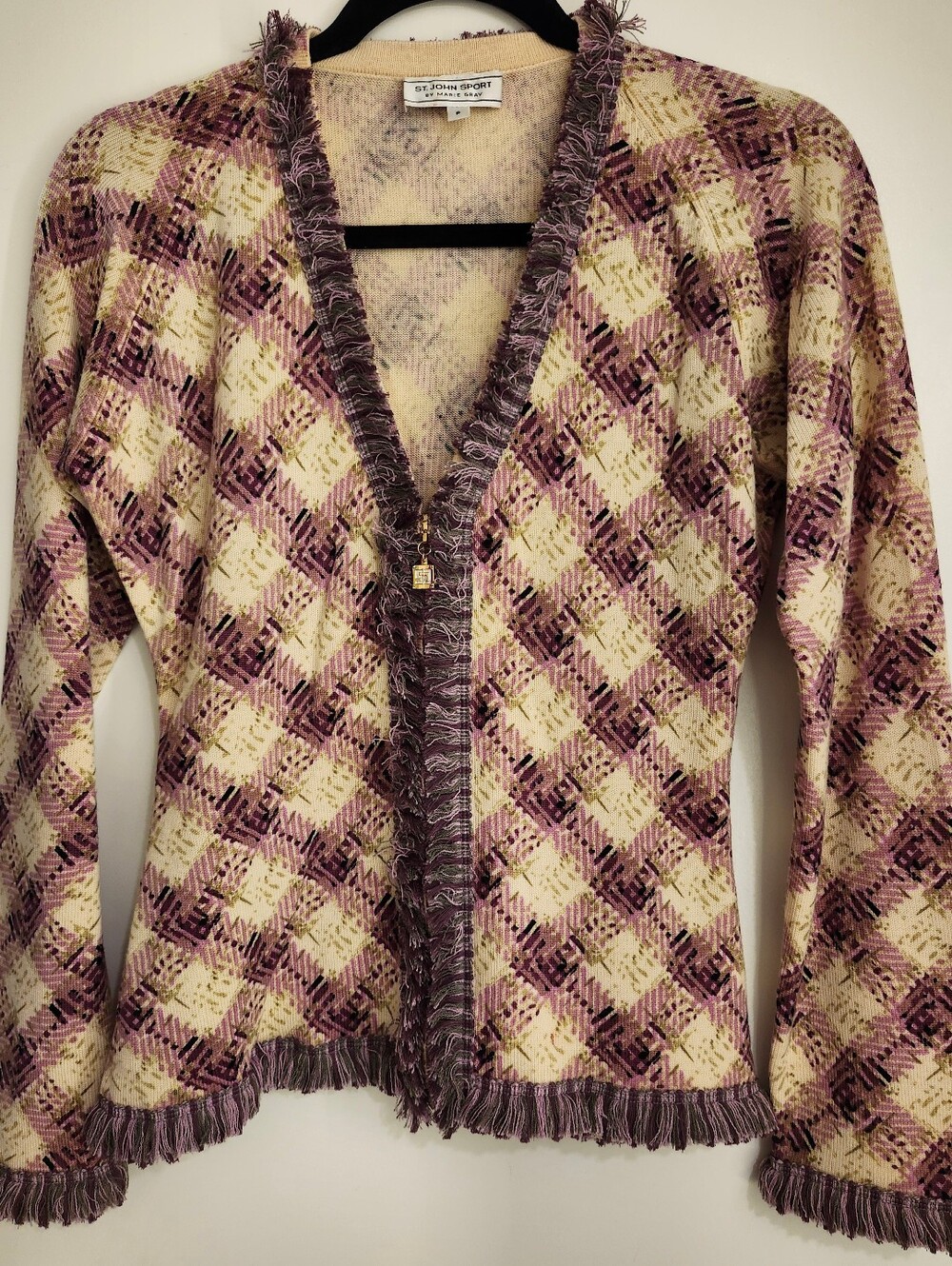 St. John Sport by Marie Gray Lavender And Cream Plaid Fringe Cardigan